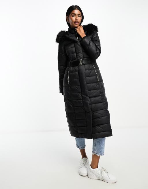 River Island – Maxi-Steppmantel in Schwarz mit Gürtel und Kapuze mit Kunstpelzbesatz , 3 von 4