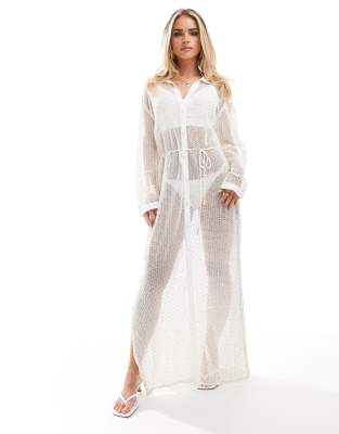 River Island - Maxi-Strandhemdkleid in Weiß mit Pailletten