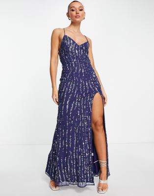 River Island - Maxikleid in Marineblau mit Paillettenverzierung und langem Schlitz