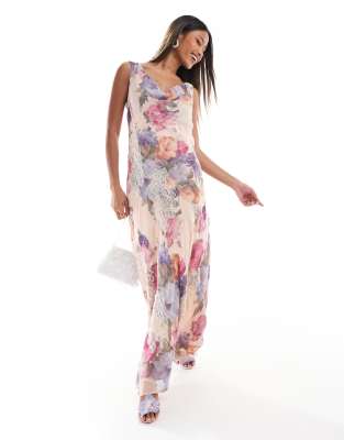 River Island - Maxikleid in Rosa mit Blumenprint und Wasserfallausschnitt