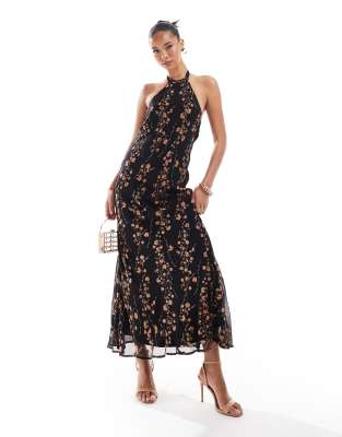 River Island - Maxikleid in Schwarz mit Blumenmuster und Neckholder