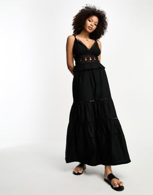 River Island - Maxikleid in Schwarz mit Häkel- und Spitzendetail