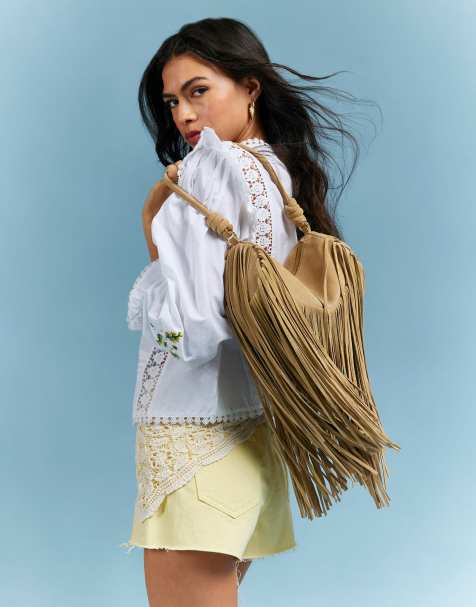 River Island Mega fringe suede cylinder bag in beige - view 1