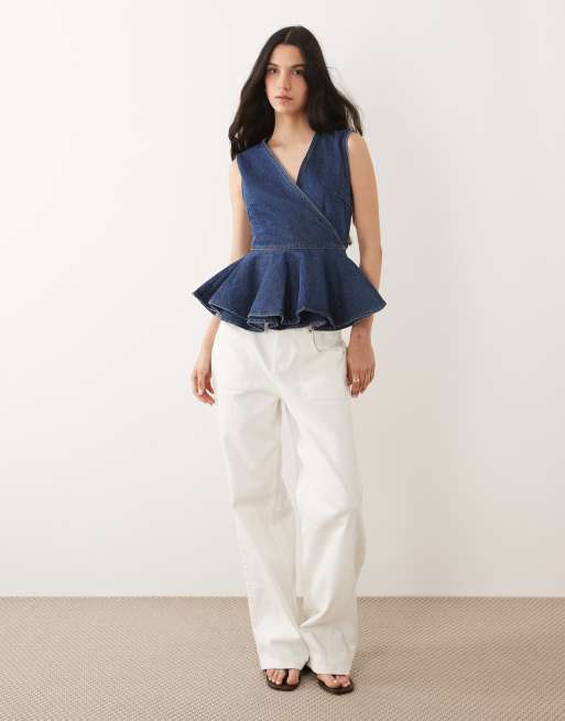 River Island – Mellanblå jeanstopp i peplum-modell med knytning , 2 av 4