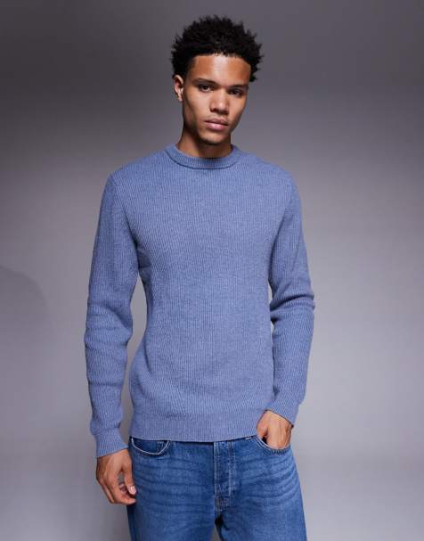 River Island – Mellanblå, ribbstickad pikétröja med rund halsringning - view 1