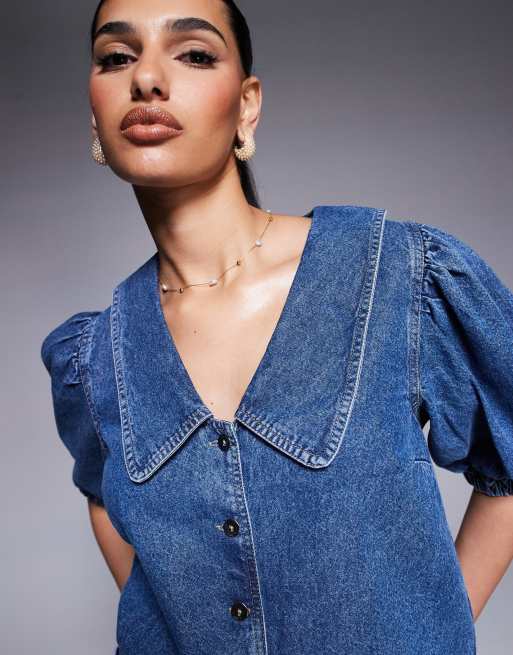 River Island – Mellanblå, tvättad jeanstopp med puffärmar, 3 av 4