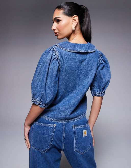 River Island – Mellanblå, tvättad jeanstopp med puffärmar, 4 av 4