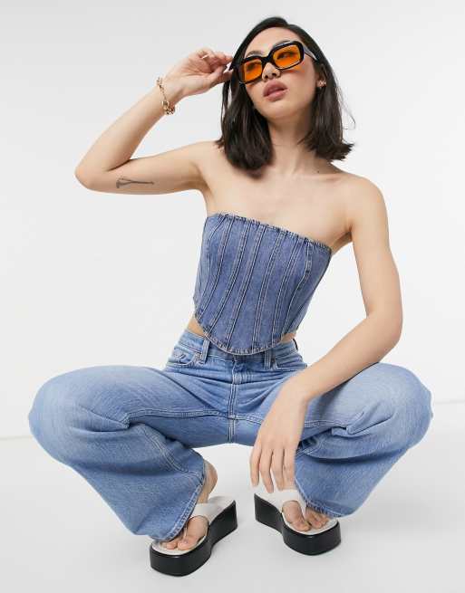 River Island - Mellemblå lagdelt korsetoverdel i denim