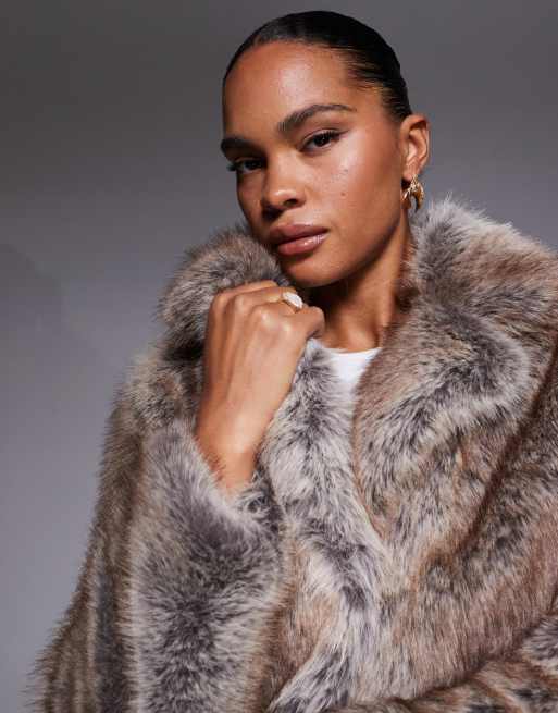 River Island - Mellemlang mørkebrun frakke i imiteret pels, 3 af 4