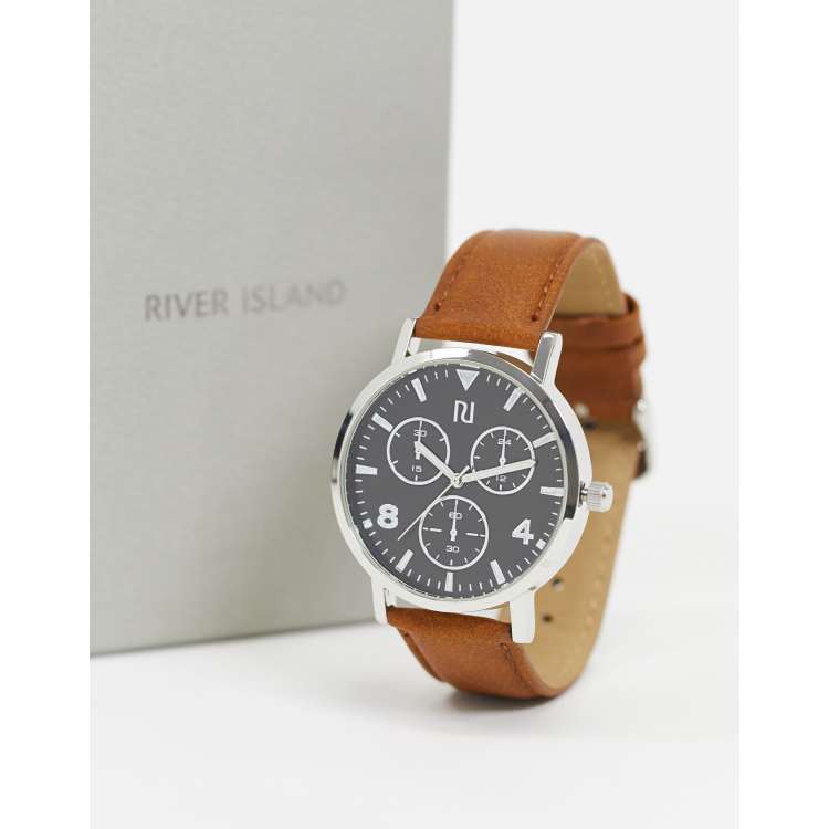 River Island mens chrono leather watch in brown ASOS