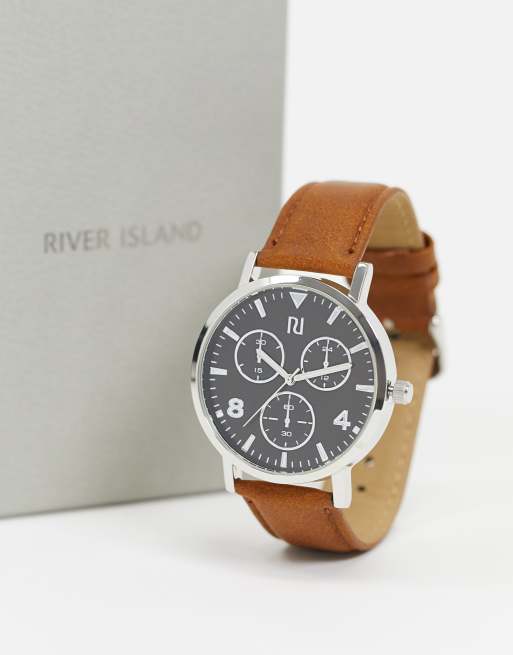 River Island mens chrono leather watch in brown