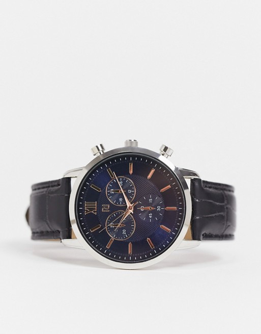 River Island mens leather watch in black