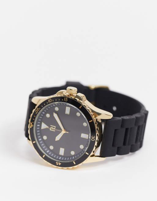 River Island mens silicone watch in black gold ASOS