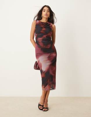 River Island Mesh abstract drape bodycon midi dress in burgundy and pink - dark