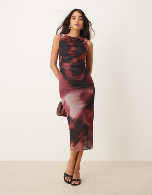 River Island mesh abstract drape bodycon midi dress in burgundy and pink
