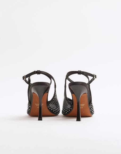 River Island Mesh ankle strap heeled court shoes in black ASOS
