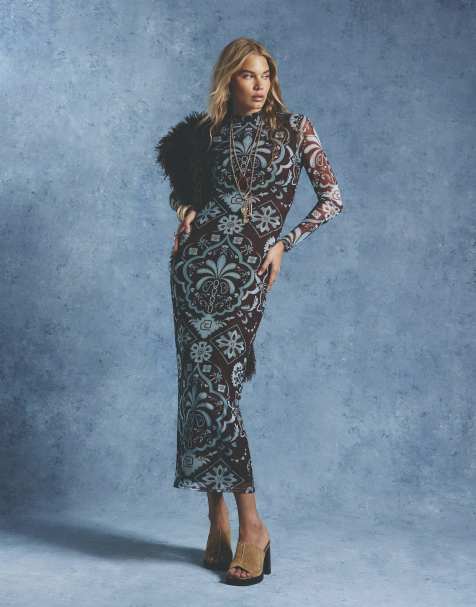 River Island Mesh boutique print maxi dress in brown - dark - view 1