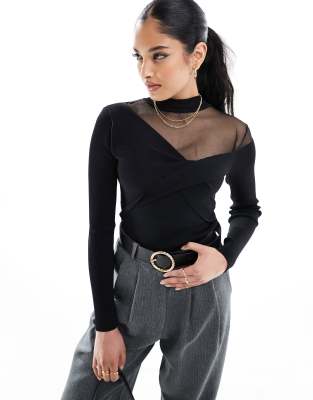 River Island Mesh detail long sleeve top in black