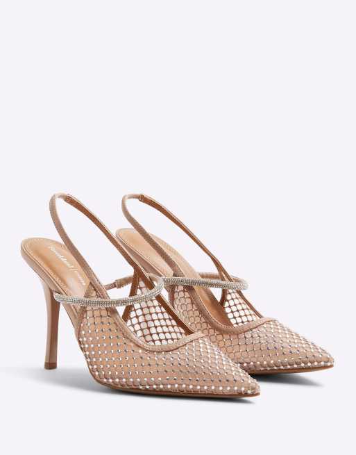 River Island Mesh diamante sling back court shoes in beige