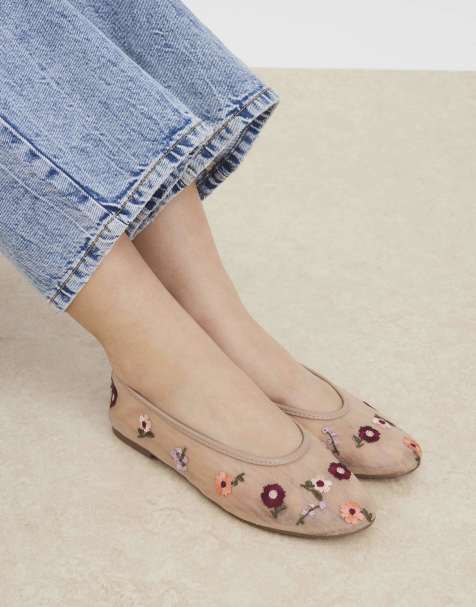 River Island Mesh floral embroidered ballet pumps in beige - view 1