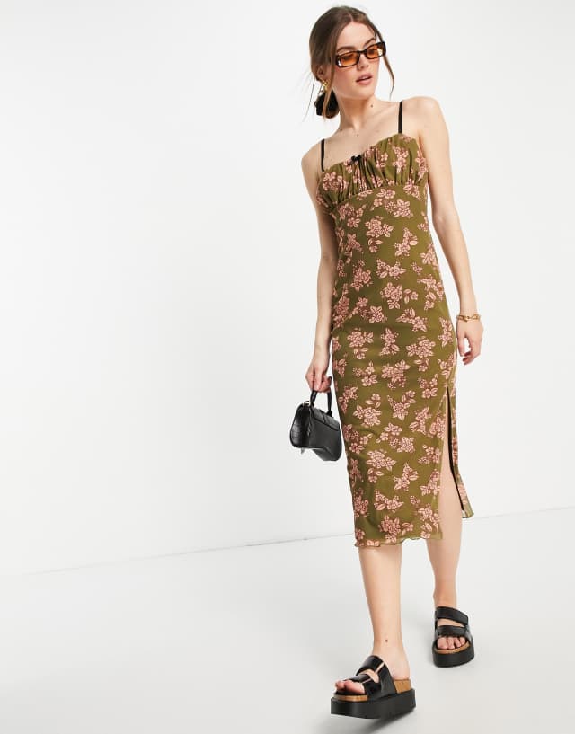 River Island mesh floral midi dress in green