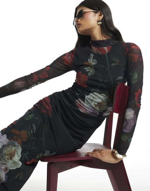 River Island Mesh floral print maxi dress in black, 2 of 4