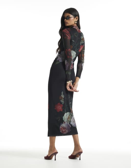 River Island Mesh floral print maxi dress in black, 4 of 4