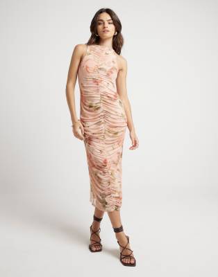 Shop River Island Mesh floral ruched bodycon midi dress in beige light Online – Trendy & Affordable Fashion
