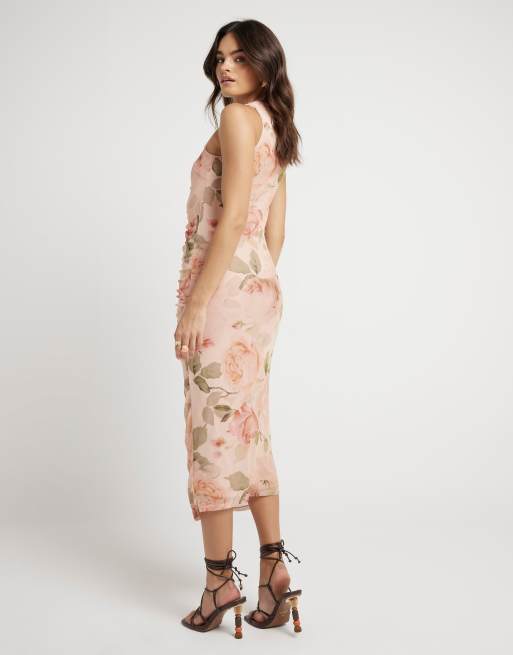 deep purple bodycon dress Beige Floral Runched Bodycon Mini Dress – Wildflower Threads main image 1