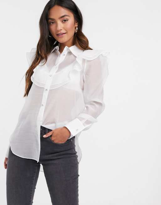 River Island Mesh Frill Front Shirt In White 