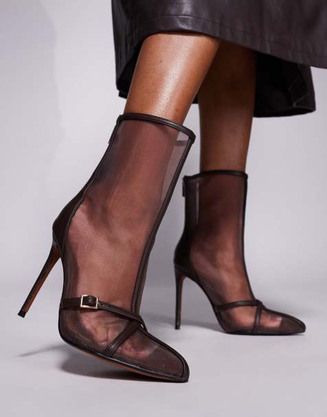 River Island mesh heeled boot in brown - view 1