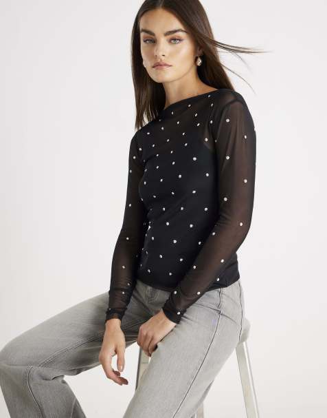 River Island Mesh long sleeve studded top in black - view 1