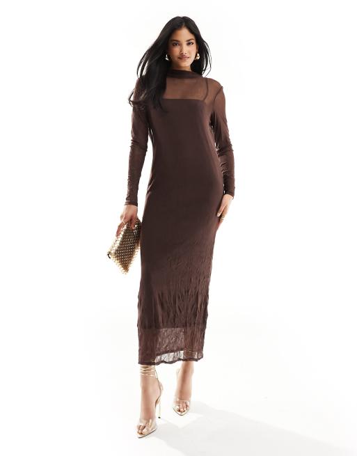 River Island mesh midaxi column dress in dark brown | ASOS