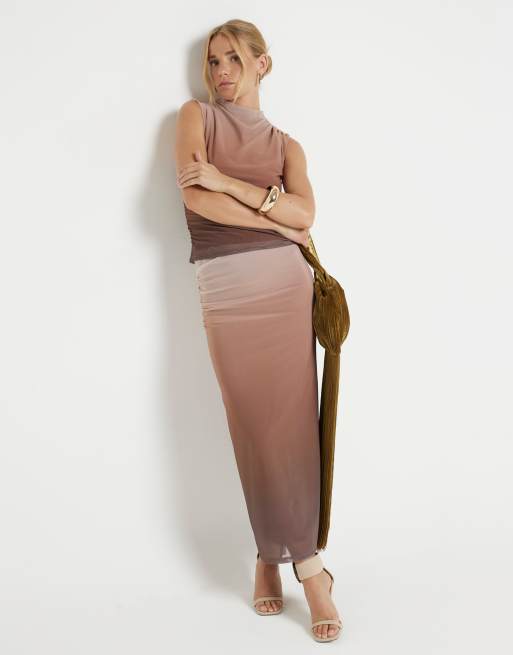 River Island Mesh ombre ruched midi skirt in brown light