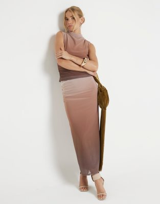 River Island Mesh ombre ruched midi skirt in light brown