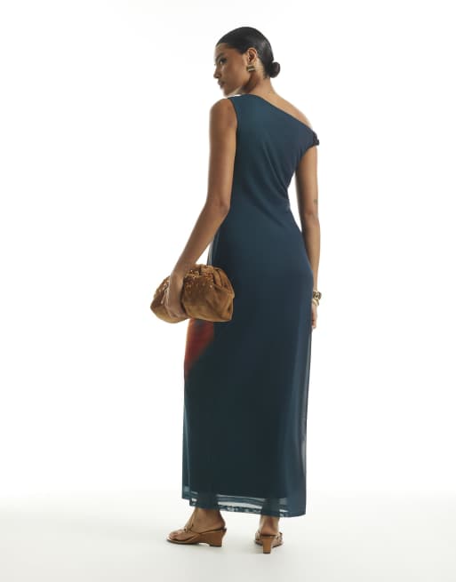 River Island Mesh printed drape dress in blue, 2 of 4