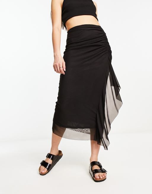 River Island mesh ruched midi skirt in black