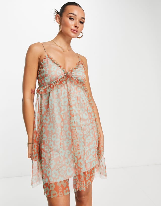 River Island - mesh ruffle cami mini dress in orange floral