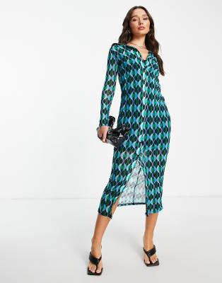 River Island mesh shirt midi dress in green geo print