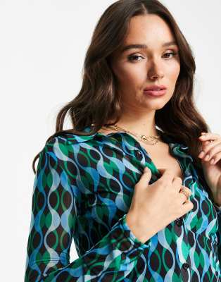 River Island mesh shirt midi dress in green geo print | ASOS