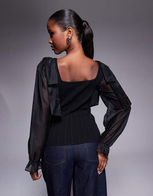 River Island mesh sleeve knitted top in black, 2 of 4