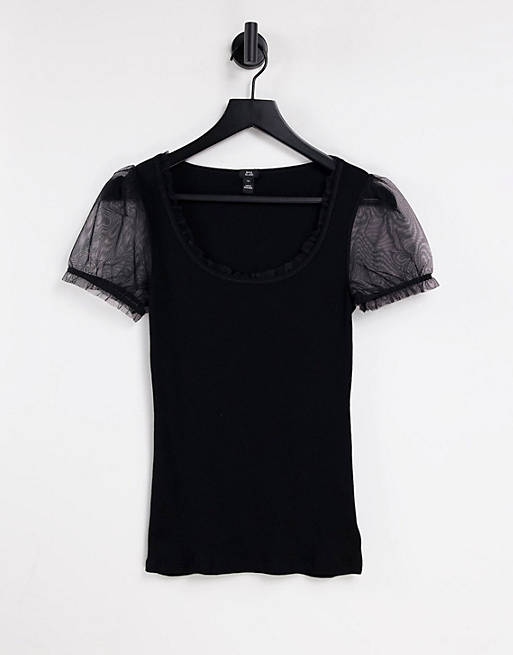 River Island mesh sleeve t-shirt in black 