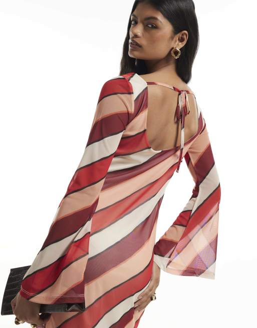 River Island Mesh stripe tie back mini dress in pink, 2 of 4
