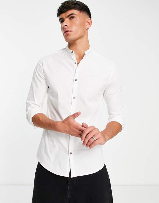River Island - Met lange mouwen overhemd zonder kraag met lange mouwen in wit