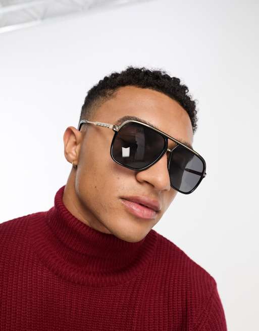 River Island metal flat top aviator sunglasses in black