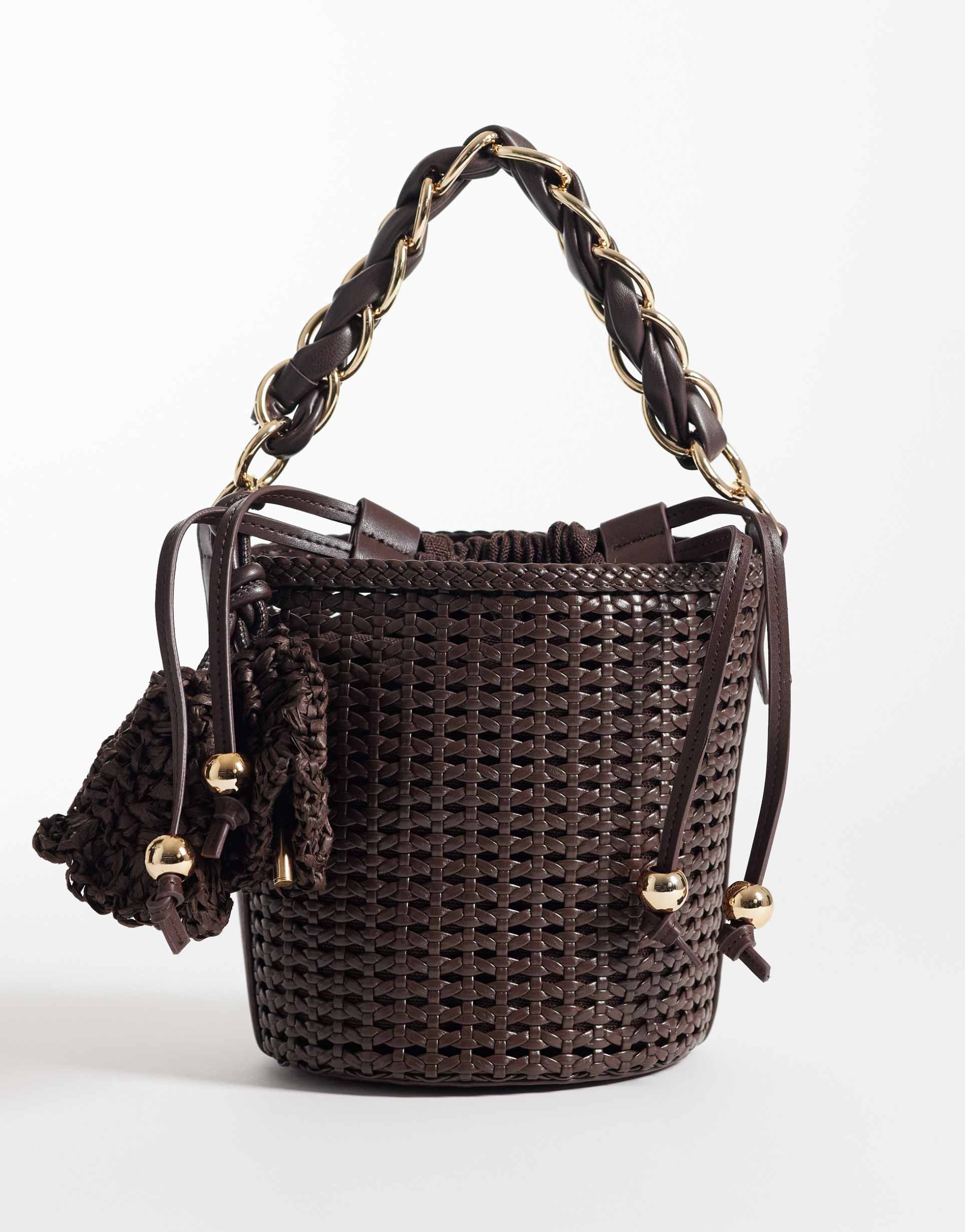 river island metal handle woven bucket bag in brown