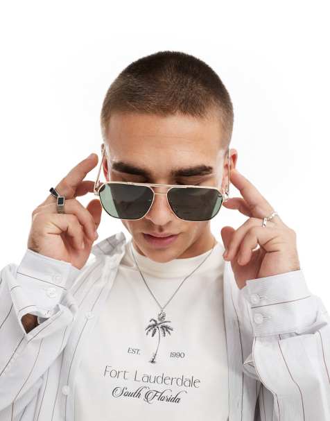 River Island - Metalen navigator-zonnebril in goud en groen - view 1
