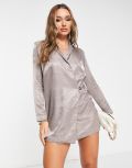 River Island metallic blazer mini dress in silver-Brown