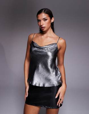 River Island Metallic Cowl Neck Cami Top In Silver