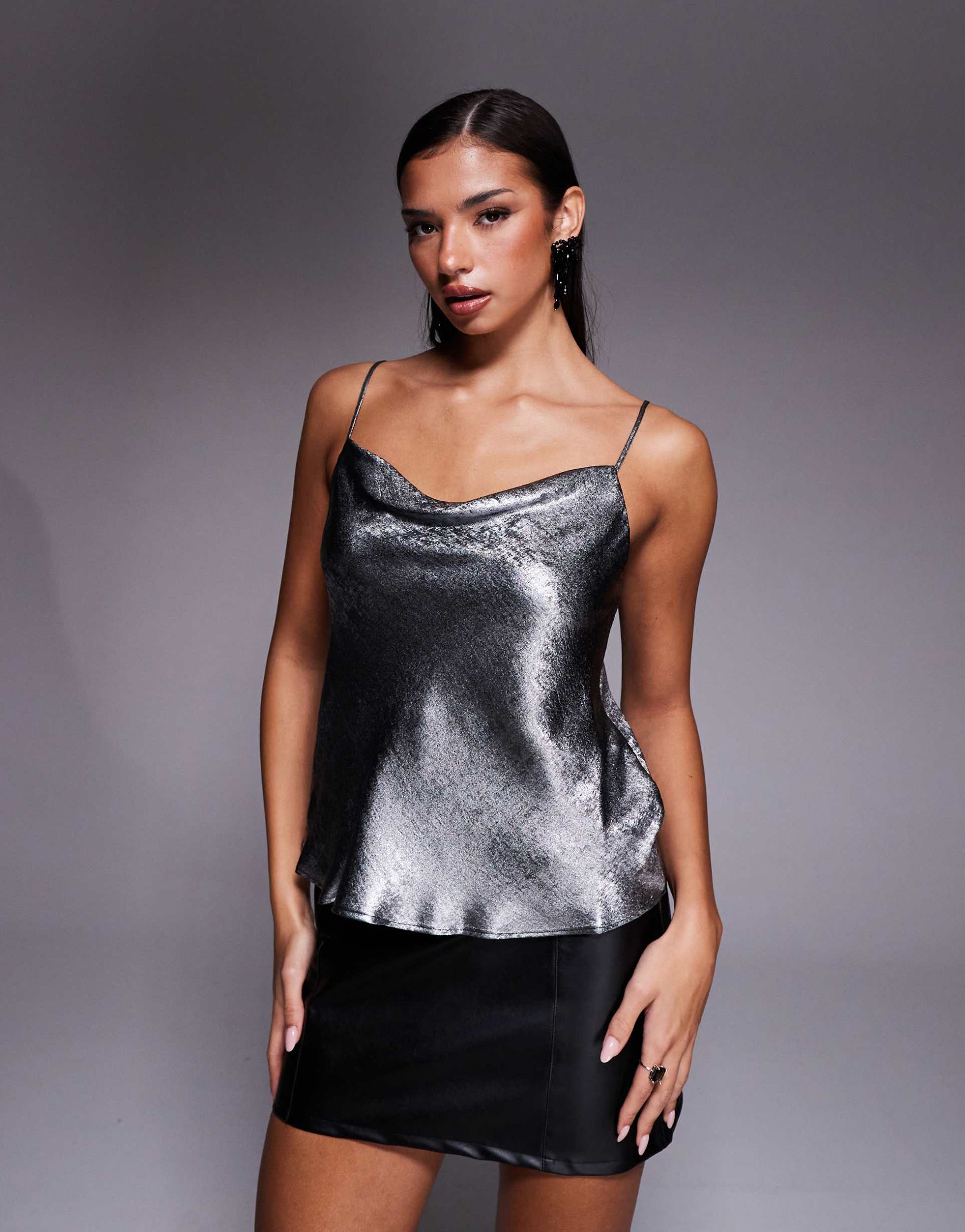 river island metallic cowl neck cami top in silver